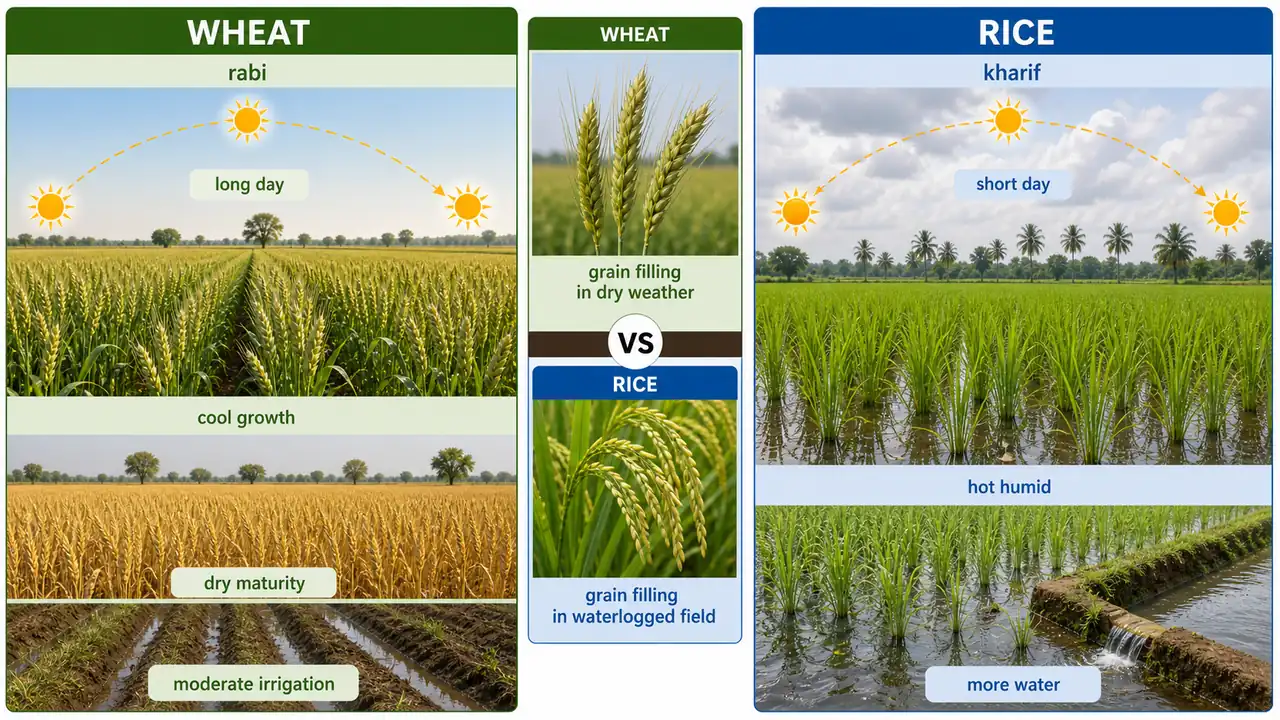 Wheat and rice climate comparison showing rabi long-day wheat versus kharif hot humid rice