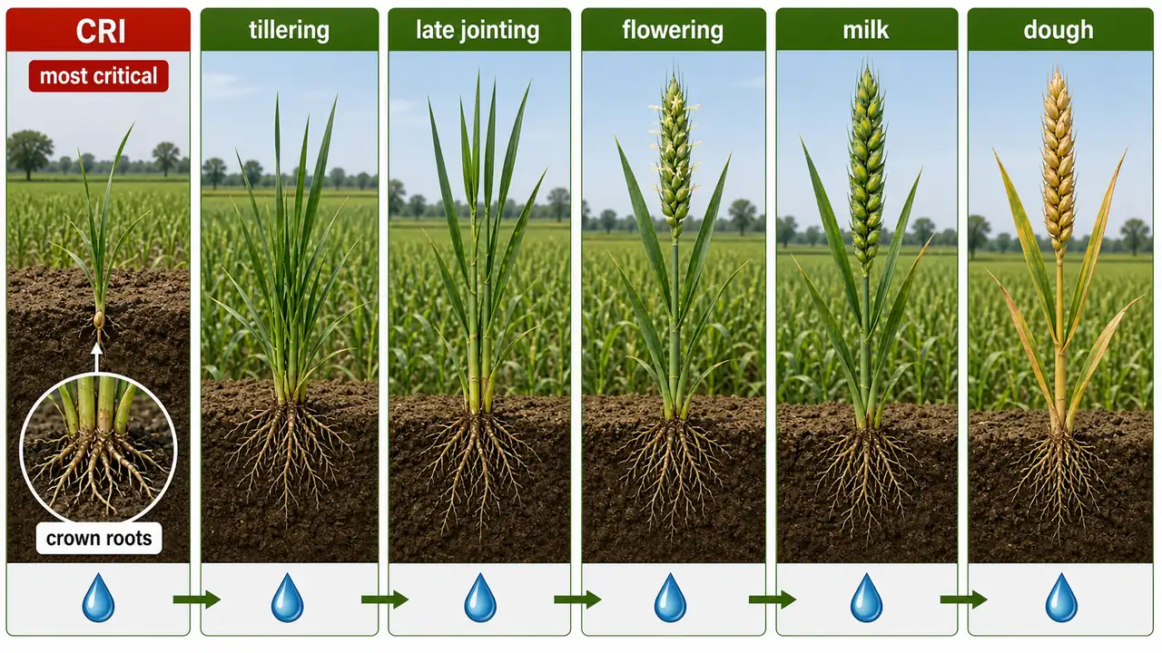 Critical irrigation stages in wheat showing CRI, tillering, late jointing, flowering, milk, and dough