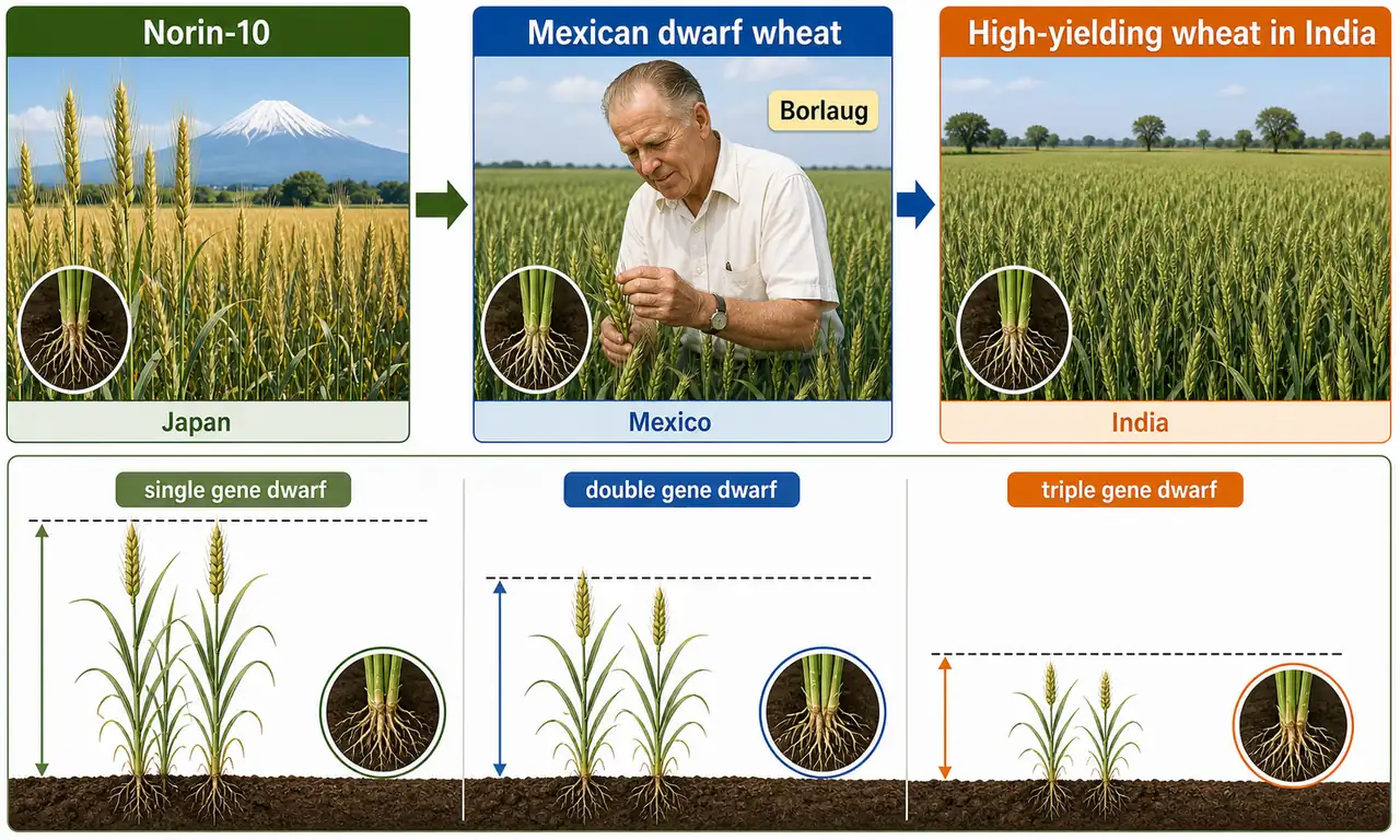Wheat Green Revolution sequence from Norin-10 to Mexican dwarf wheat and Indian high-yielding wheat with single, double, and triple dwarf comparison