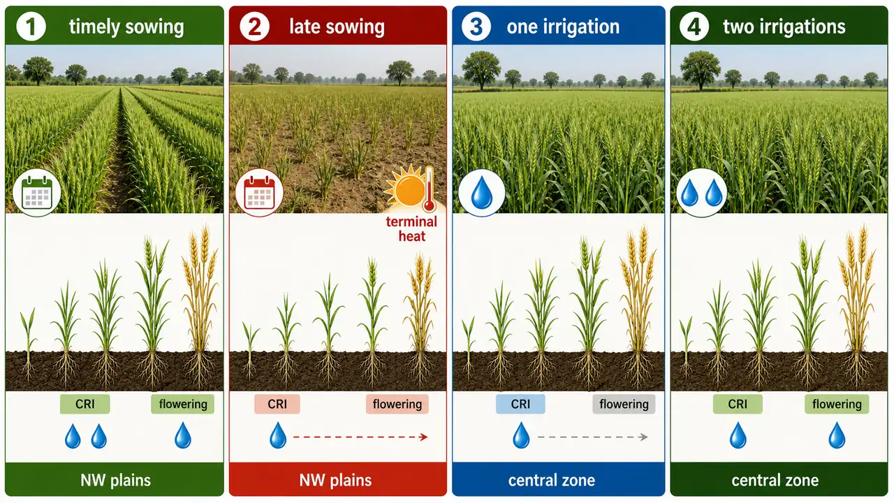 Practical wheat field guide showing timely sowing, late sowing, one irrigation at CRI, and two irrigations at CRI plus flowering