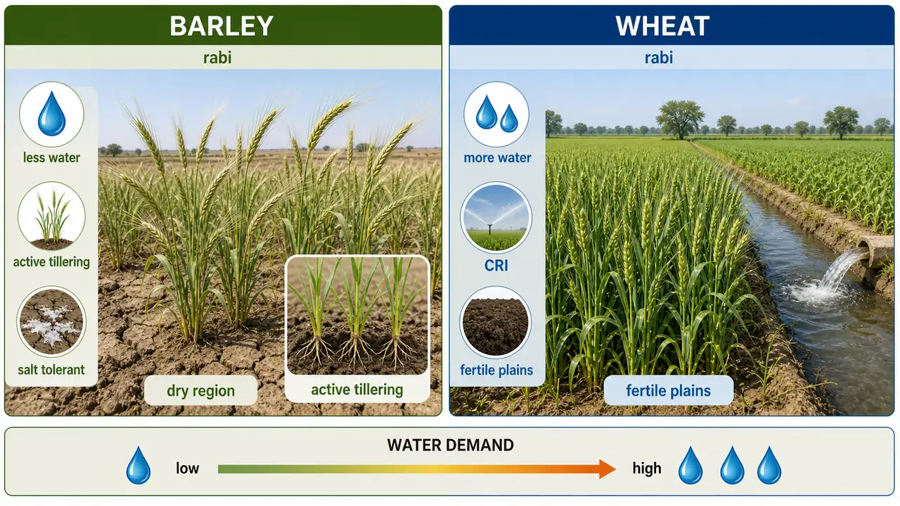 Barley and wheat comparison showing barley as a lower-water rabi cereal with active tillering as the key stage