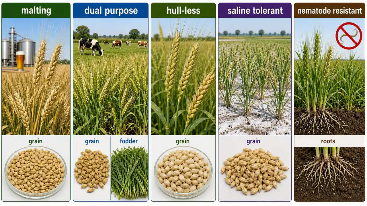 Barley variety role classification showing malting, dual-purpose, hull-less, saline-tolerant, and nematode-resistant types