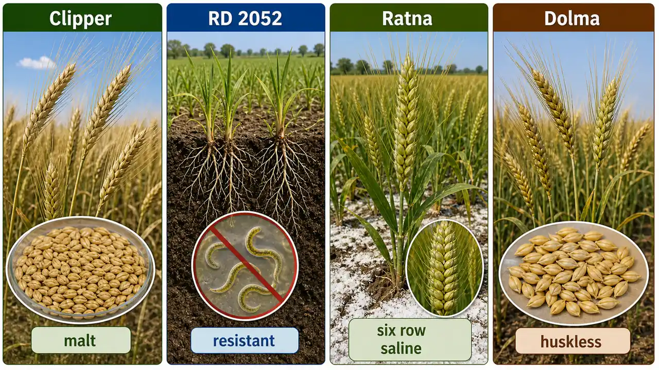 Exam-important barley varieties showing Clipper for malt, RD 2052 resistance, Ratna six-row saline tolerance, and Dolma huskless grain