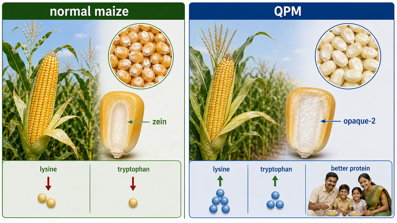 Normal maize and quality protein maize comparison showing opaque-2 based improvement in lysine and tryptophan
