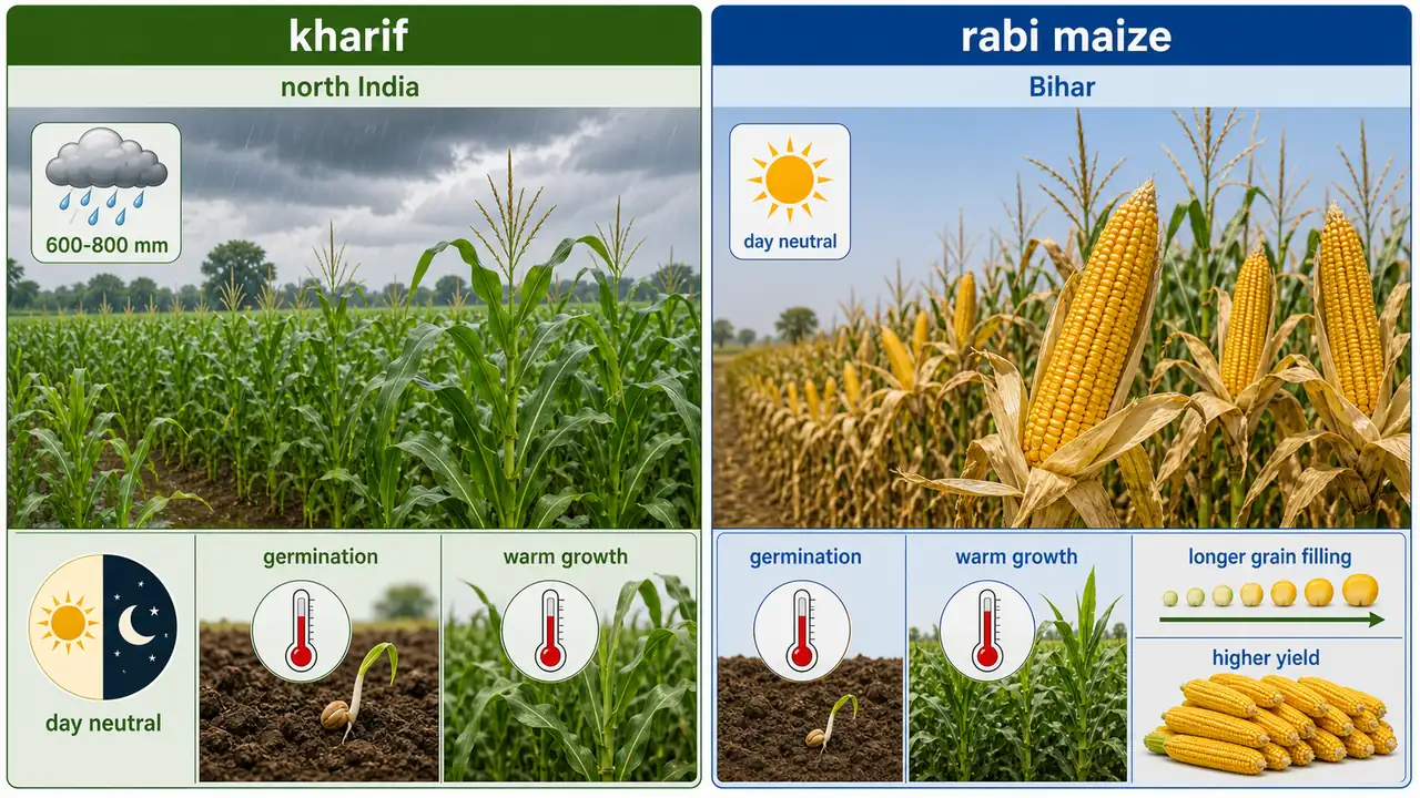 Kharif maize in North India compared with Rabi maize in Bihar showing seasonal adaptation and longer grain filling
