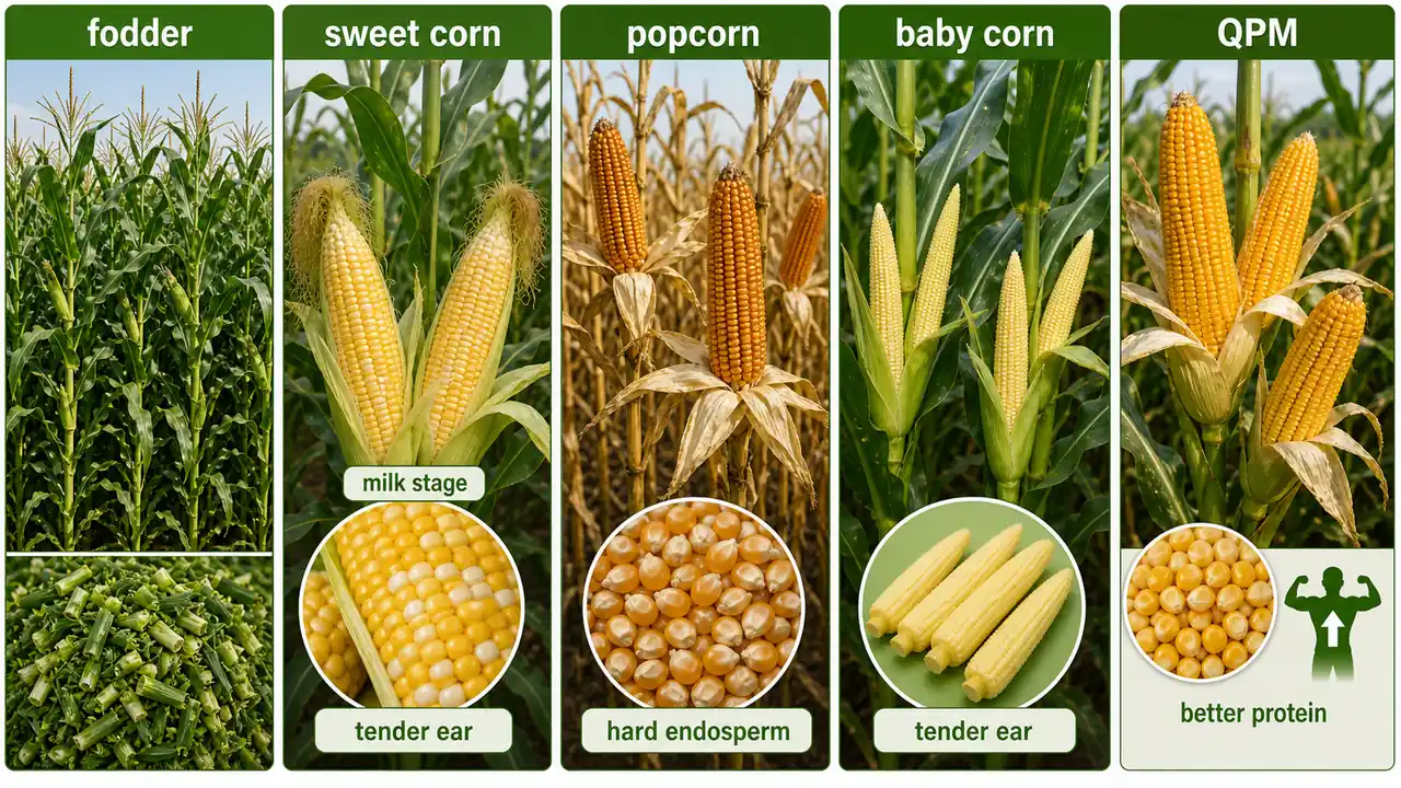 Functional maize groups showing fodder maize, sweet corn, popcorn, baby corn, and quality protein maize
