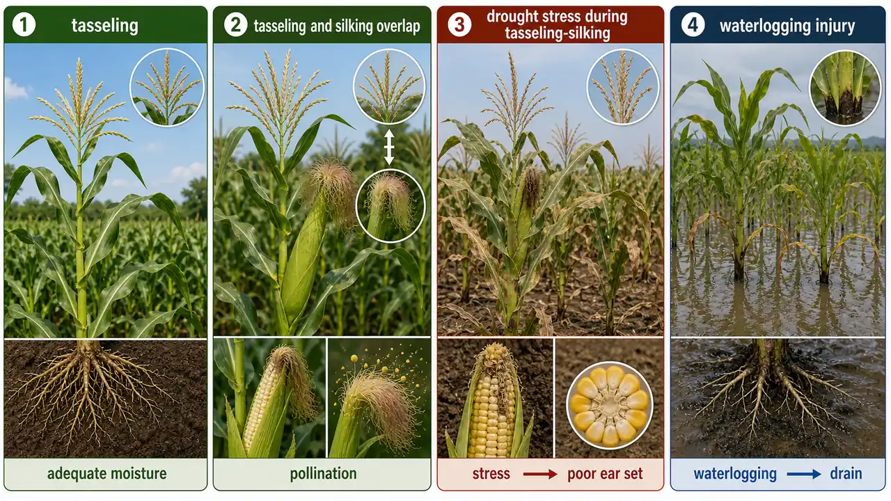 Maize tasseling and silking decision guide showing adequate moisture, pollination overlap, drought stress, and waterlogging injury