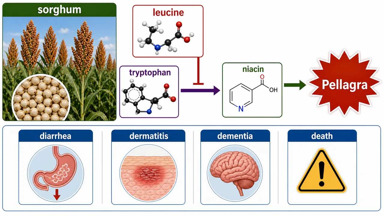 Sorghum-linked pellagra board showing excess leucine, reduced niacin formation, and the four Ds mnemonic