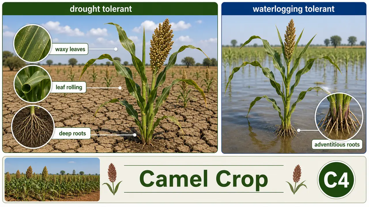 Sorghum camel crop adaptations showing deep roots, waxy leaves, leaf rolling, and adventitious roots under temporary waterlogging