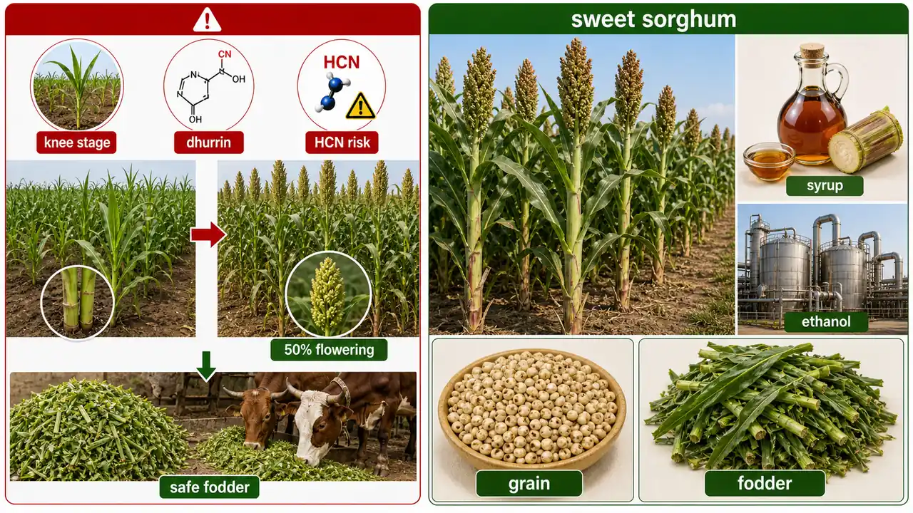 HCN toxicity warning in young sorghum and sweet sorghum uses for syrup, ethanol, grain, and fodder