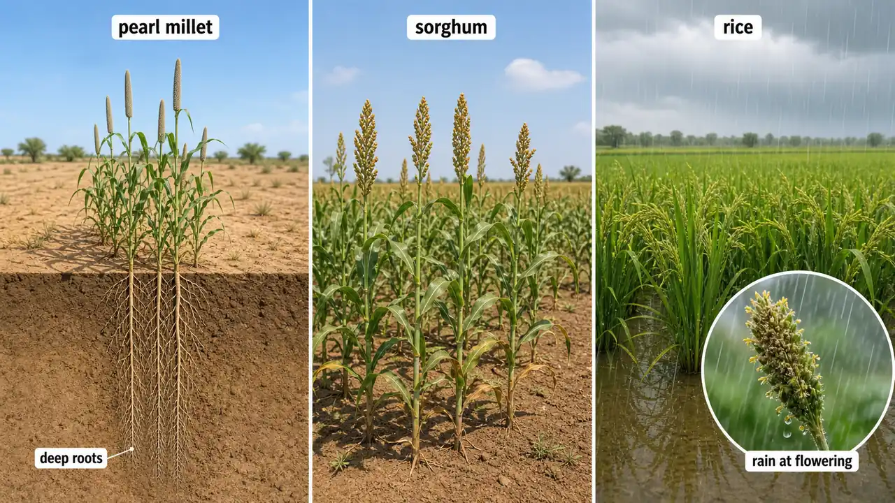 Pearl millet compared with sorghum and rice for drought tolerance, rainfall need, and flowering-stage rain sensitivity