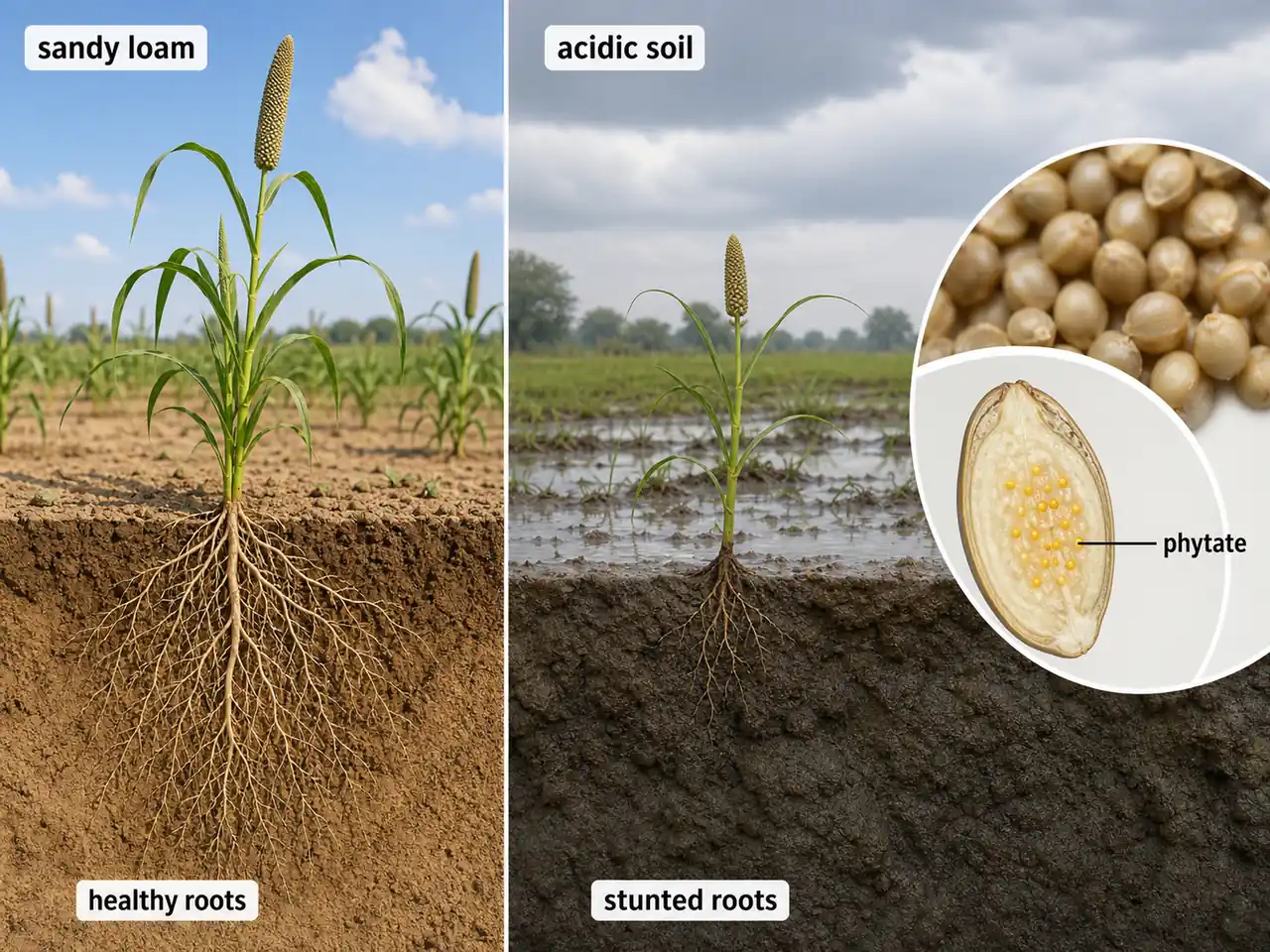 Pearl millet root response in sandy loam versus acidic wet soil with a grain inset showing phytate phosphorus storage