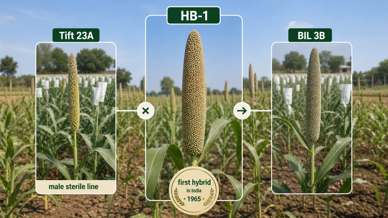 HB-1 pearl millet hybrid shown with Tift 23A male sterile line and BIL 3B parent relationship