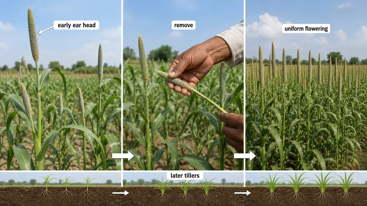 Jerking practice in pearl millet showing early ear heads removed so later tillers flower uniformly
