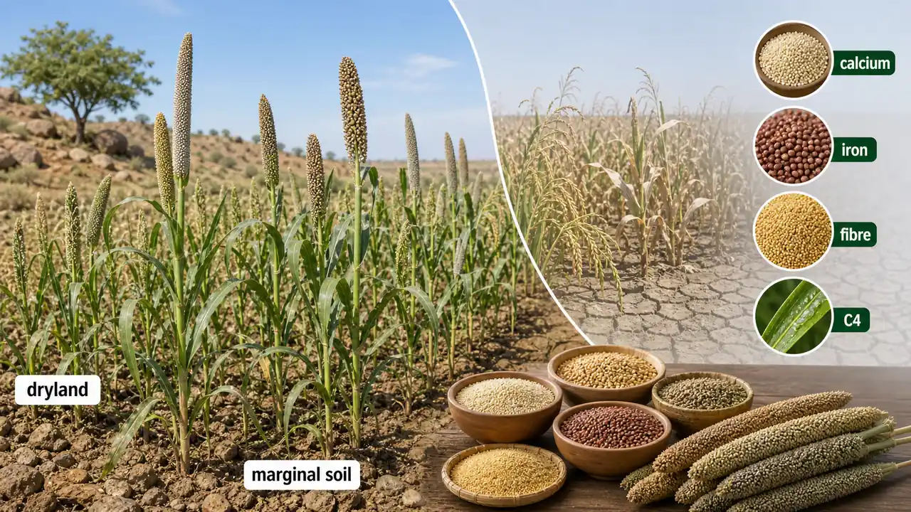 Minor millets shown as dryland nutri-cereals adapted to marginal soils with calcium, iron, fibre, and C4 efficiency cues