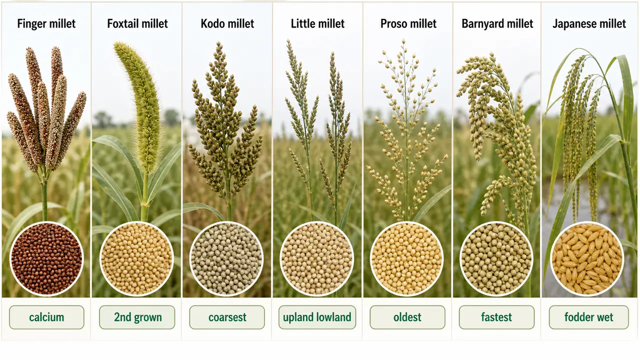 Comparison memory board for seven minor millets with one key distinction for each crop