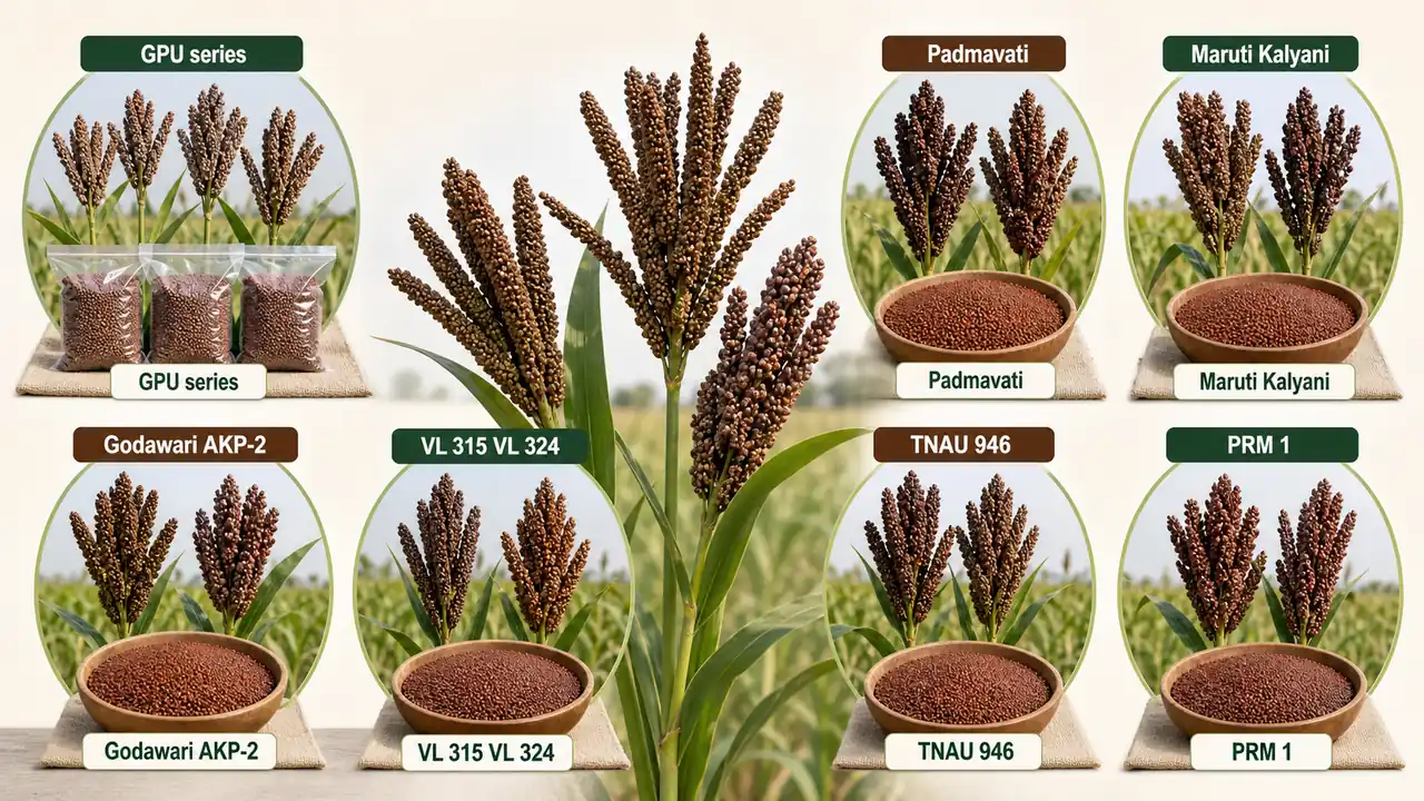 Finger millet variety memory board showing GPU series and regional variety groups such as Padmavati, Maruti, Kalyani, VL lines, TNAU 946, and PRM 1