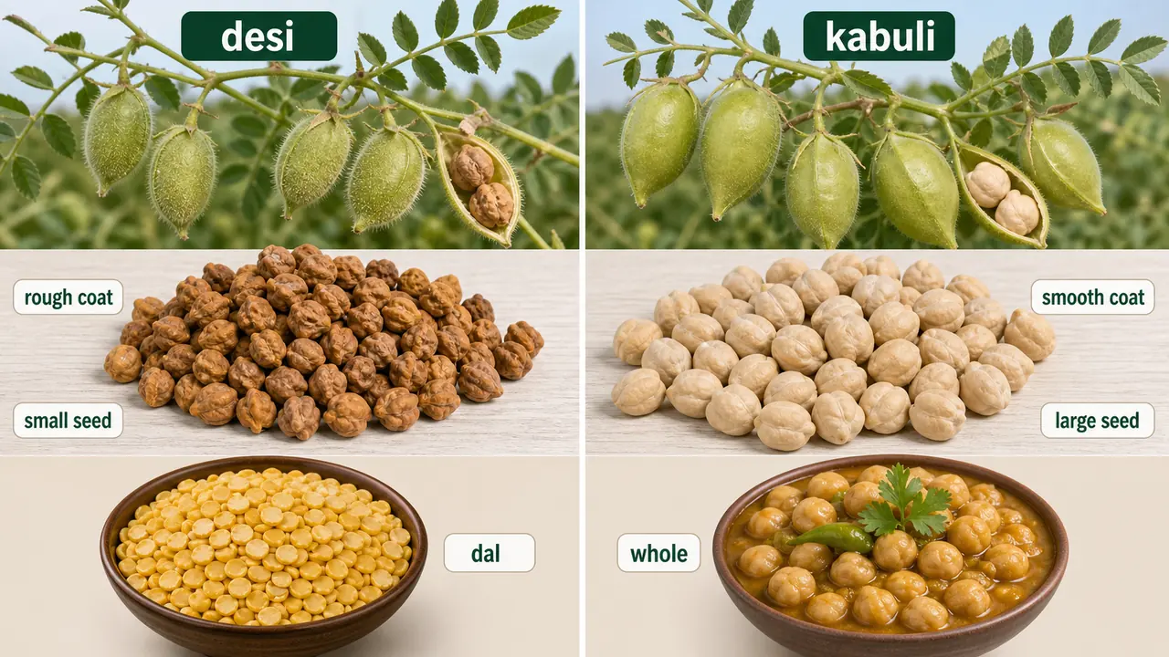 Desi and Kabuli chickpea comparison showing seed size, seed coat texture, color, and common food use differences