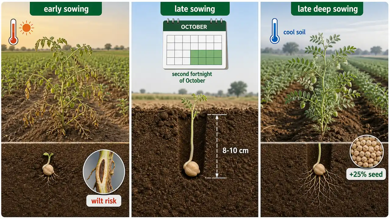 Chickpea wilt-management board showing late sowing, deeper seed placement, cooler soil, and lower wilt risk