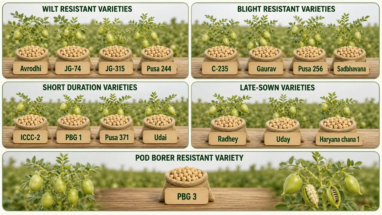 Chickpea variety memory board grouping wilt-resistant, blight-resistant, short-duration, late-sown, and pod-borer-resistant varieties