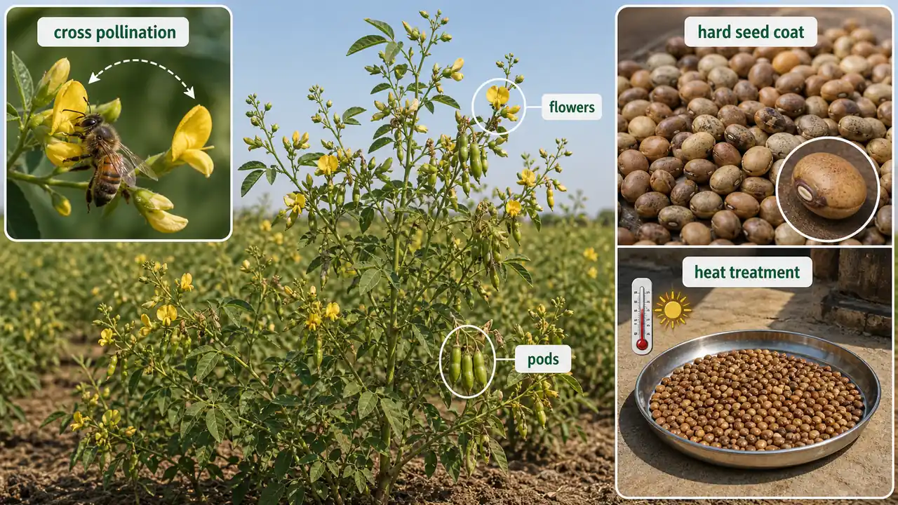 Pigeonpea pollination board showing insect-aided cross pollination, low natural pod set, and hard seed coat dormancy