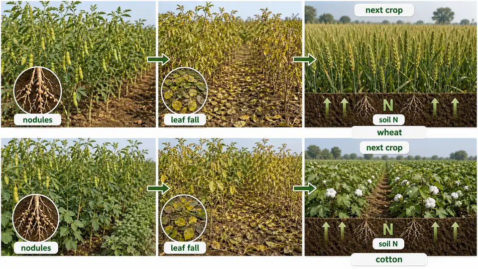 Pigeonpea crop-rotation board showing nodules, leaf fall, soil nitrogen improvement, and follow-up crops like wheat and cotton