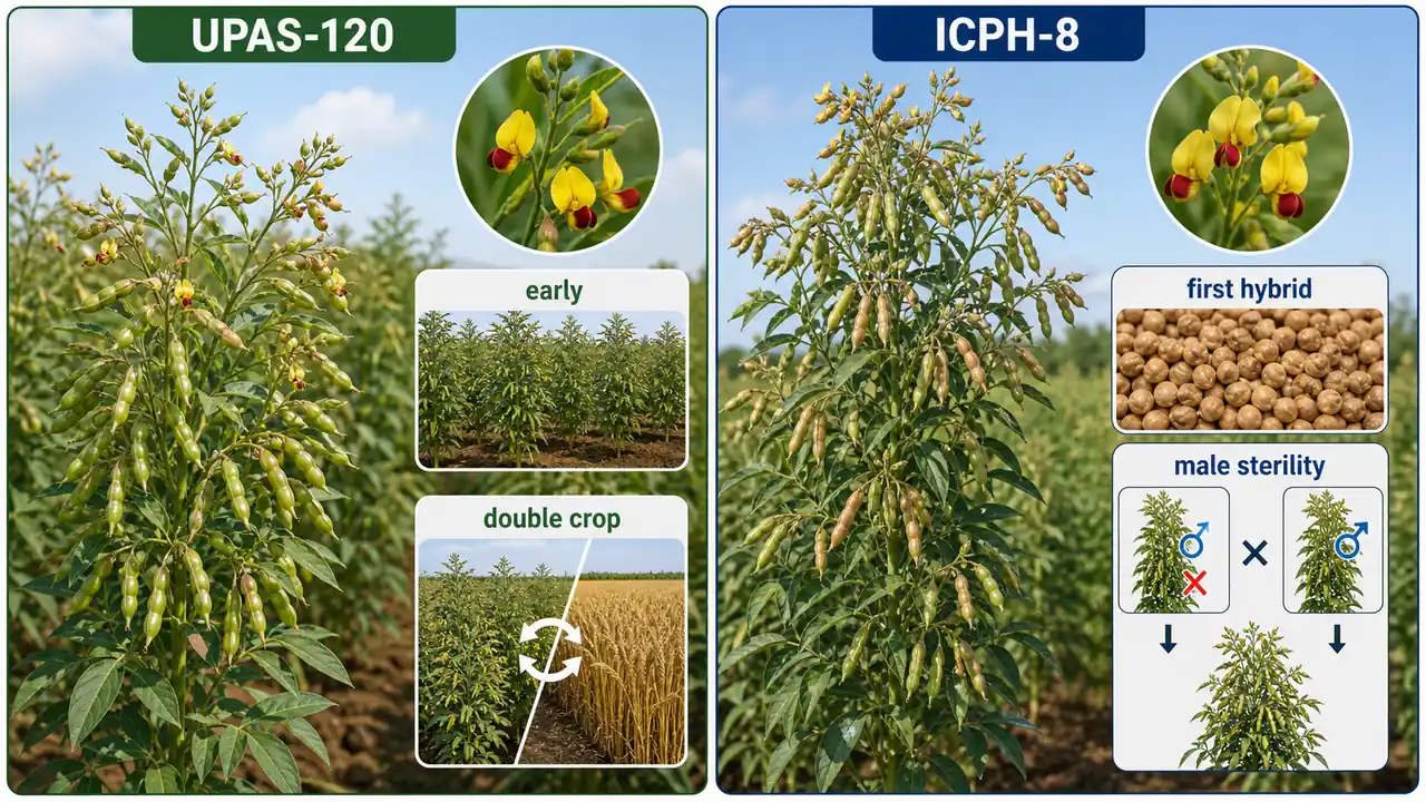 Pigeonpea milestone varieties board comparing UPAS-120 as earliest variety and ICPH-8 as the first pulse hybrid