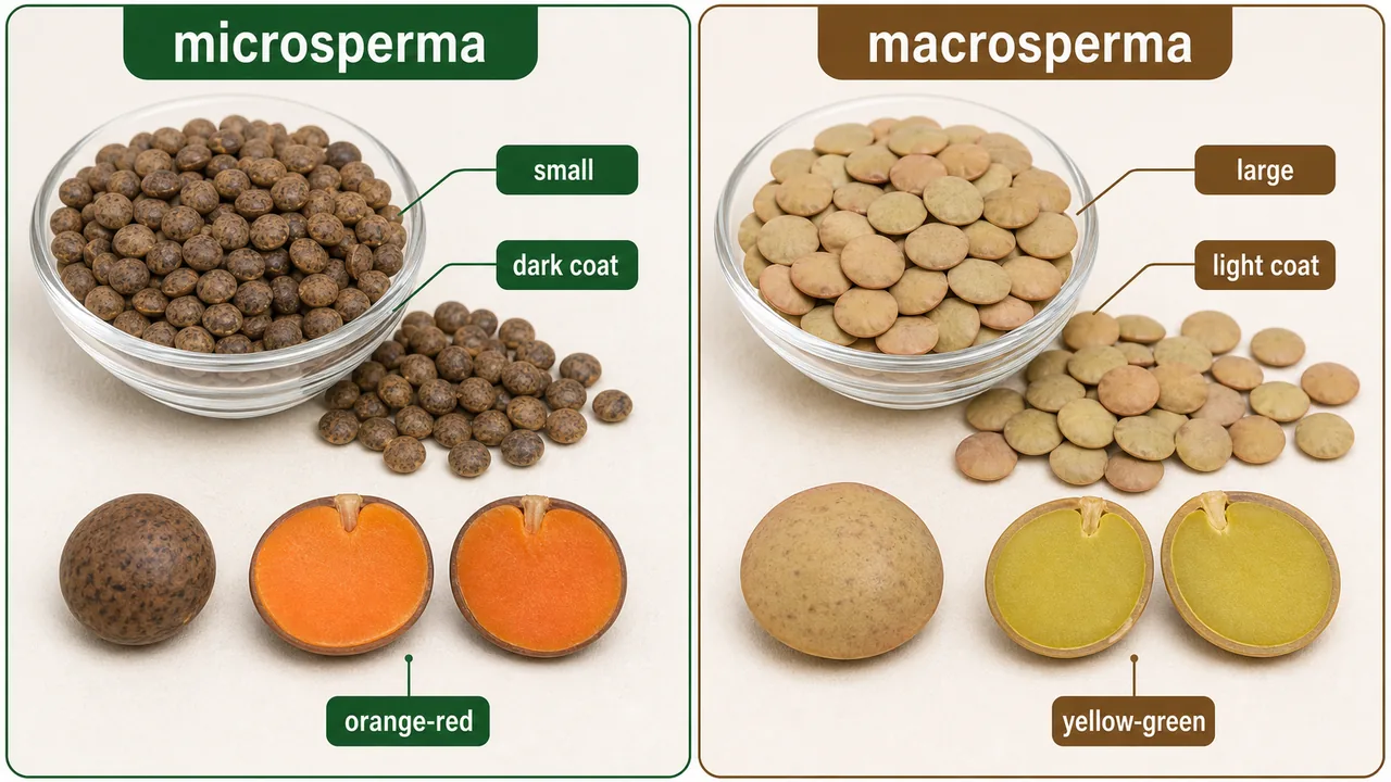 Microsperma and macrosperma lentil comparison showing seed size, seed coat color, and cotyledon color differences