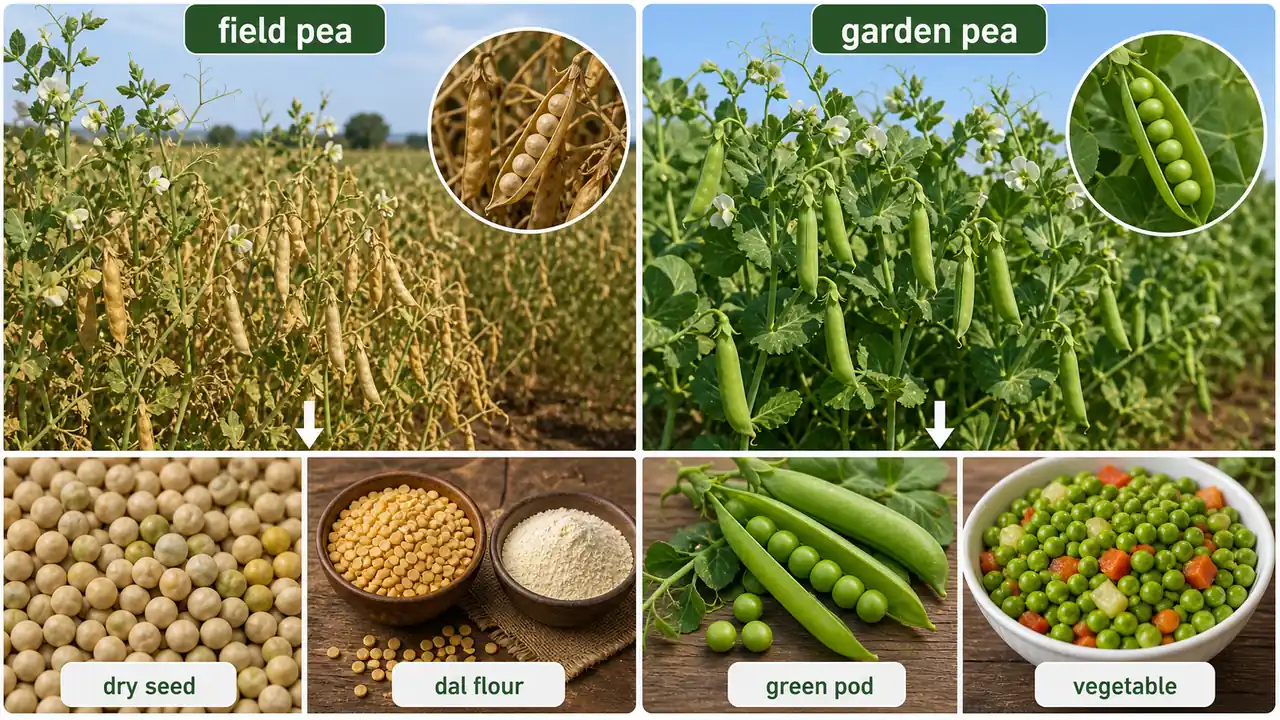 Field pea and garden pea comparison showing dry-seed harvest for pulse use versus green-pod harvest for vegetable use