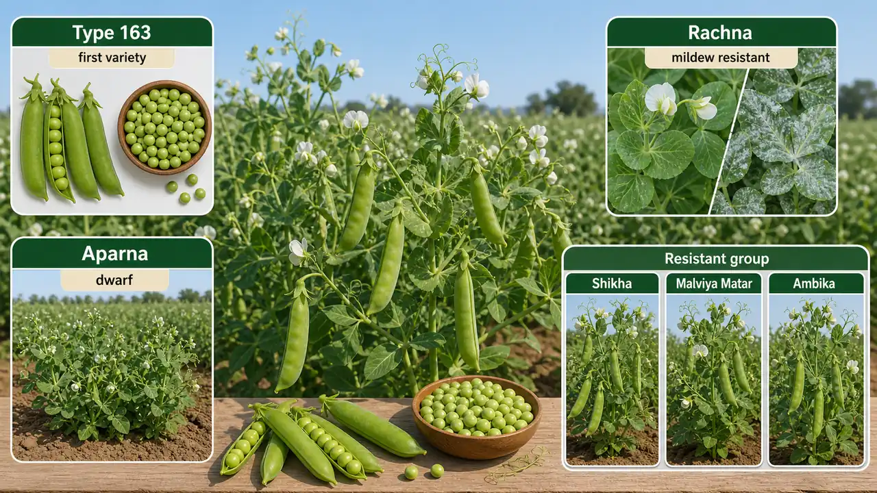 Pea variety memory board showing Type 163 as first variety, Rachna as first powdery mildew resistant variety, Aparna as first dwarf field pea, and resistant varieties Shikha, Malviya Matar, and Ambika