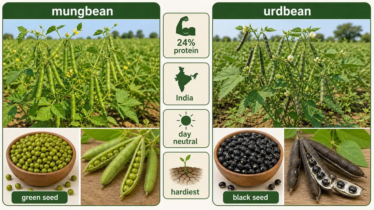 Mungbean and urdbean comparison board showing seed color, origin, protein level, and adaptation differences
