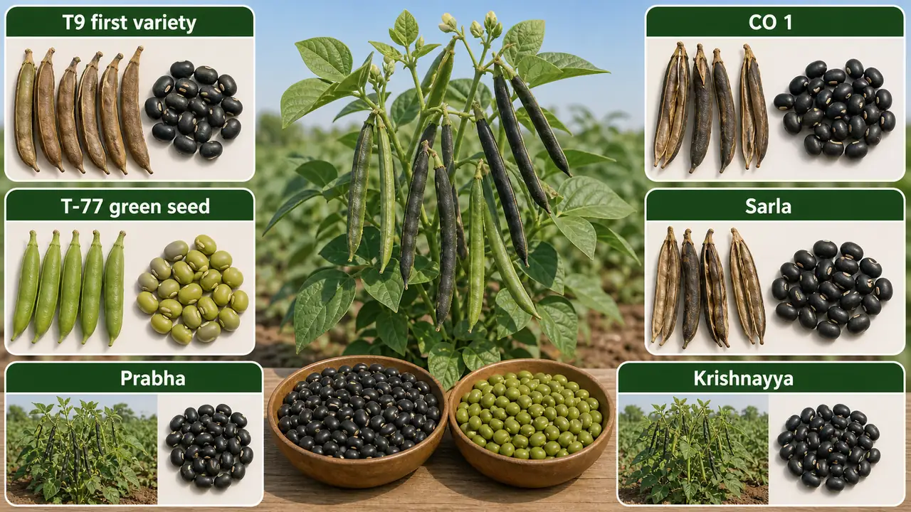 Urdbean variety memory board showing T9 as first variety, T-77 as green-seeded blackgram, and key mutant or seasonal varieties