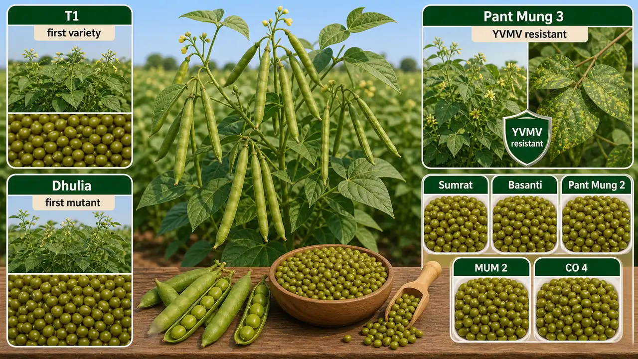 Greengram variety memory board showing T1 as first variety, Dhulia as first mutant, and YVMV-resistant varieties such as Pant Mung 3, Sumrat, and Basanti