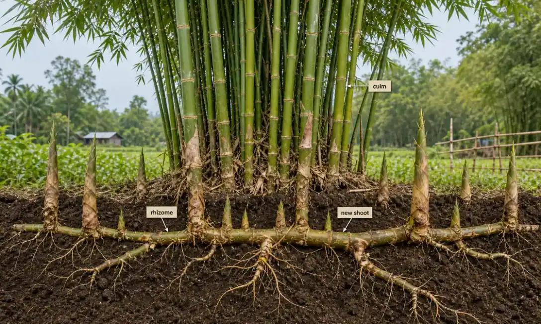 Bamboo clump showing underground rhizome spread and new culm emergence
