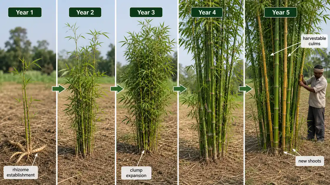 Bamboo establishment timeline showing rhizome development, clump expansion, and selective harvestable culms by year five