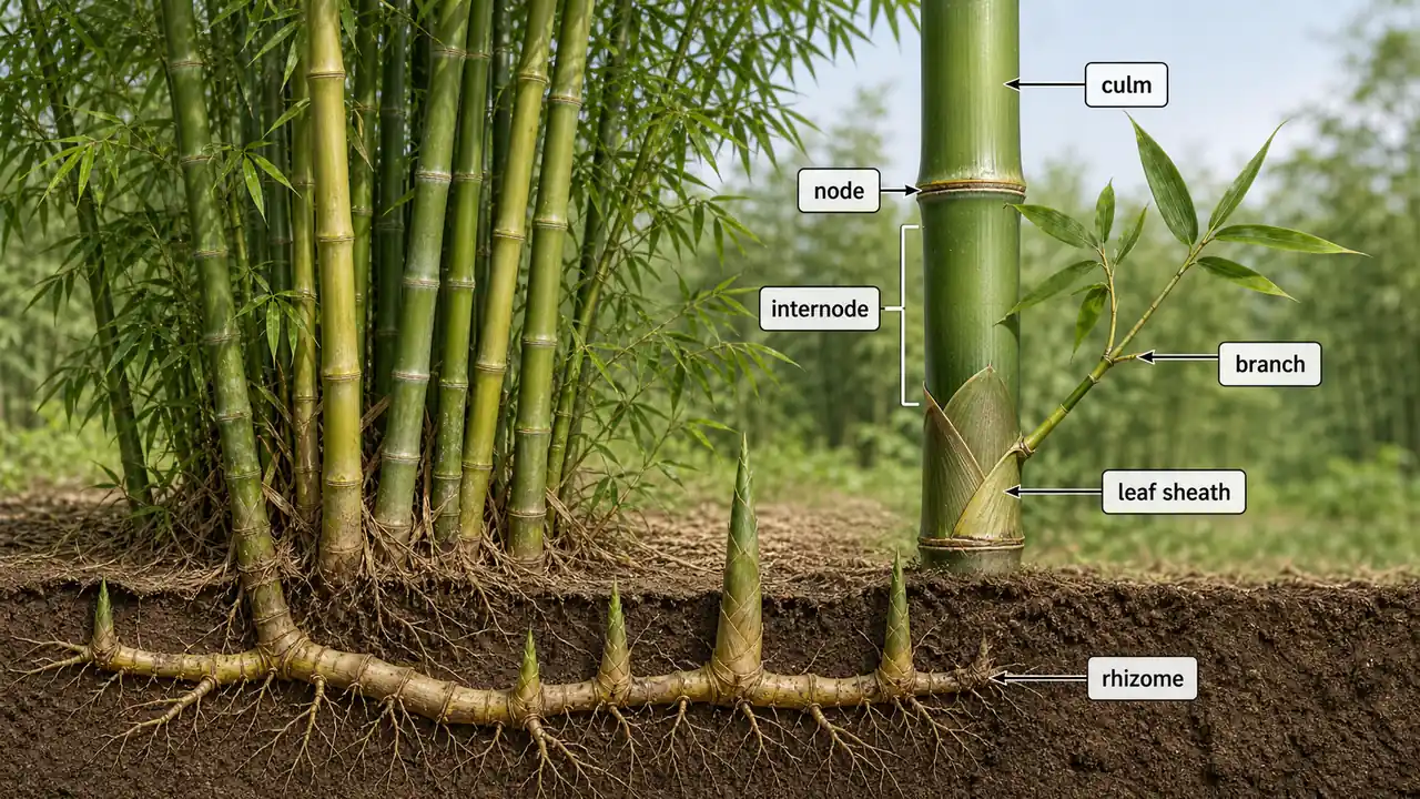 Bamboo morphology showing culm, nodes, internodes, branches, leaf sheath, and underground rhizome connection