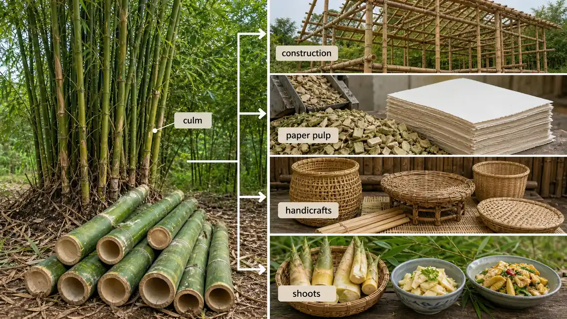 Bamboo value chain showing culms used for construction, paper pulp, handicrafts, and edible shoots
