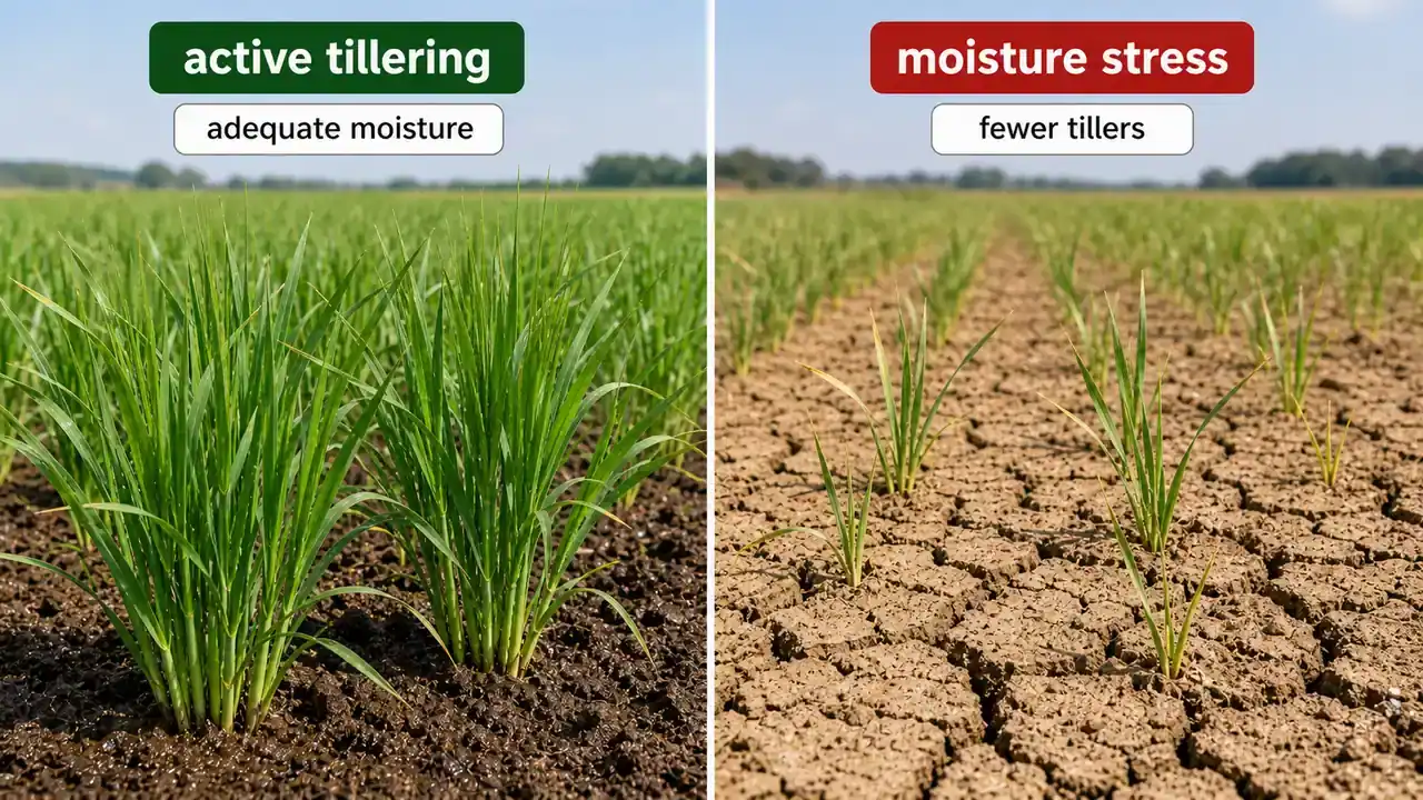 Barley at active tillering stage under adequate moisture versus moisture stress with fewer tillers