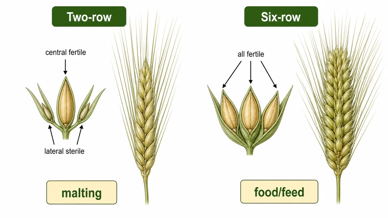 Barley comparison showing two-row ear with fertile central spikelet and sterile laterals versus six-row ear with all fertile spikelets