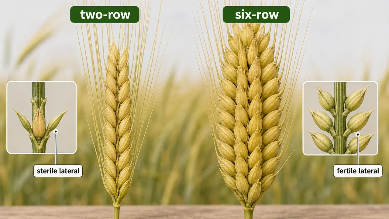 Barley spike comparison showing two-row and six-row types with sterile versus fertile lateral spikelets