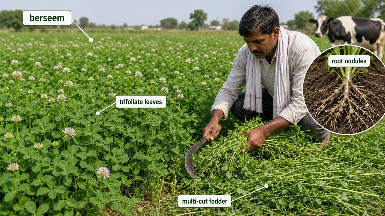 Berseem fodder crop showing trifoliate leaves, root nodules, and multi-cut green fodder harvest