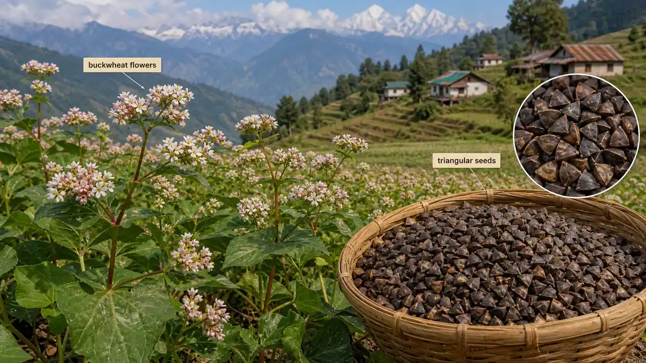 Buckwheat plant with white flowers and triangular seeds in a hill agronomy field