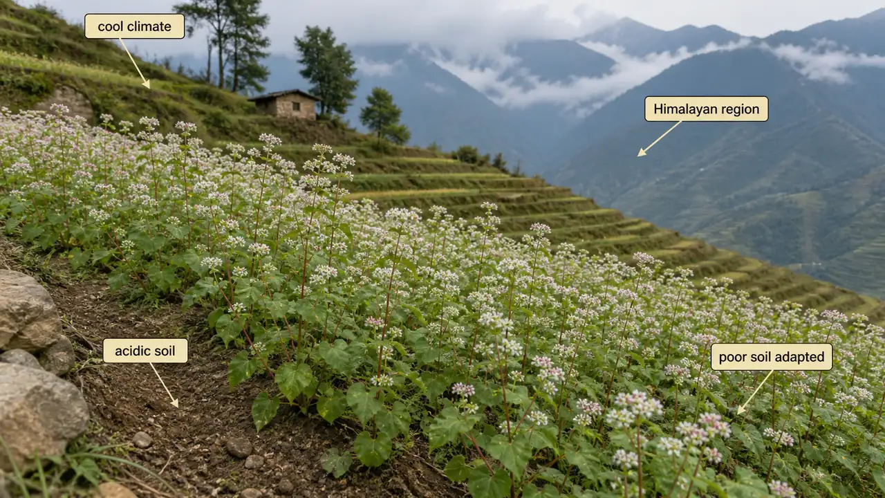 Buckwheat growing in cool Himalayan terraced fields on poor acidic soils with adaptation to marginal hill conditions