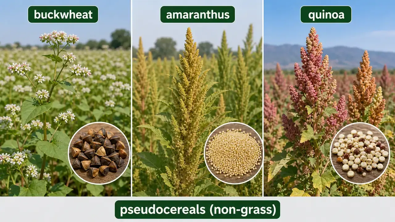 Pseudocereal comparison board showing Buckwheat, Amaranthus, and Quinoa as non-grass grain-like crops from different botanical families