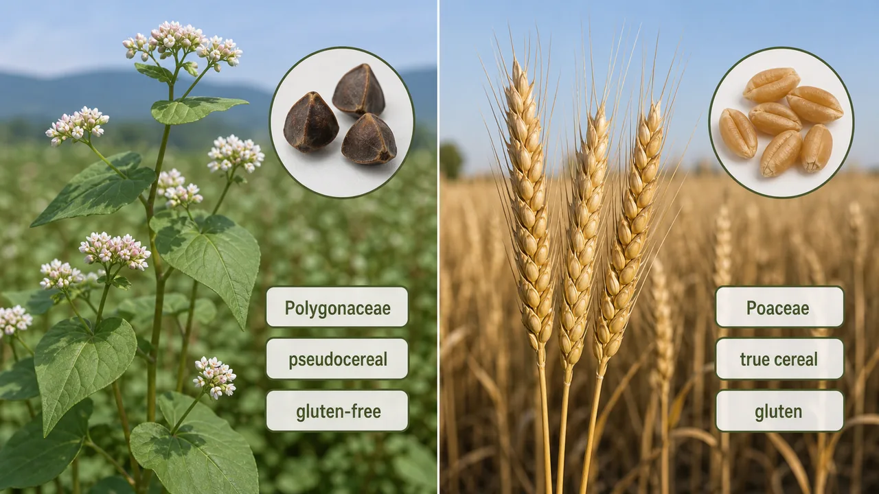 Buckwheat compared with wheat to show pseudocereal identity, Polygonaceae family, and gluten-free status versus a true cereal in Poaceae