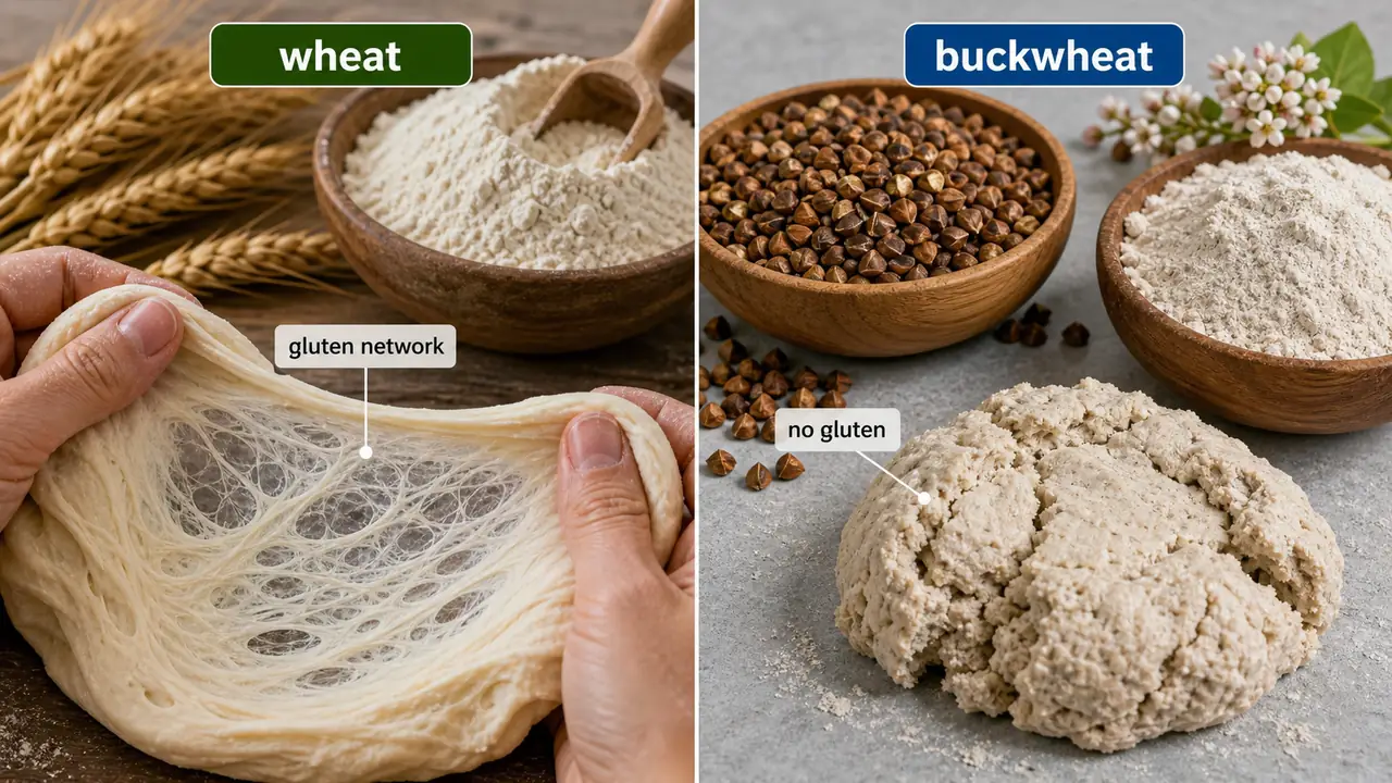 Wheat dough with gluten network compared with buckwheat flour dough showing gluten-free texture