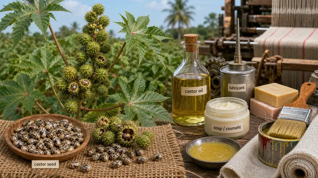Industrial uses of castor oil including lubricants, soaps, cosmetics, and textile processing