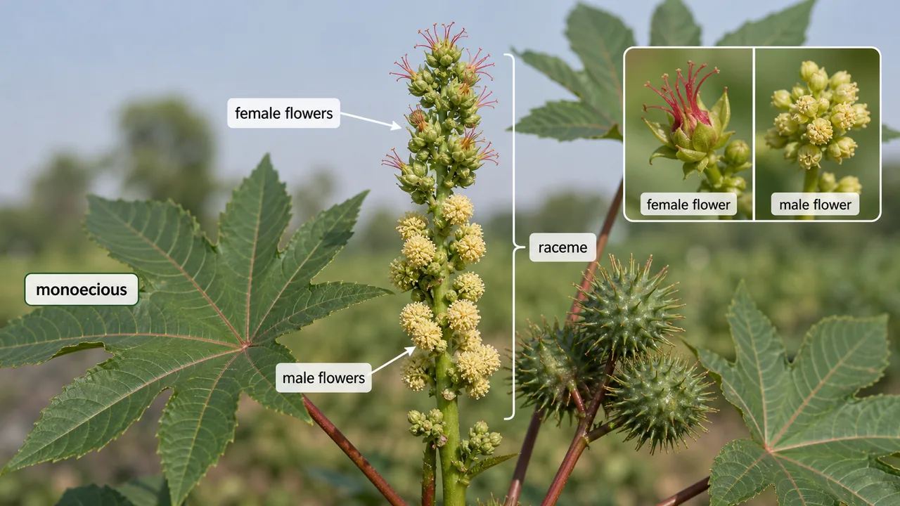 Castor raceme showing female flowers above and male flowers below on the same monoecious plant