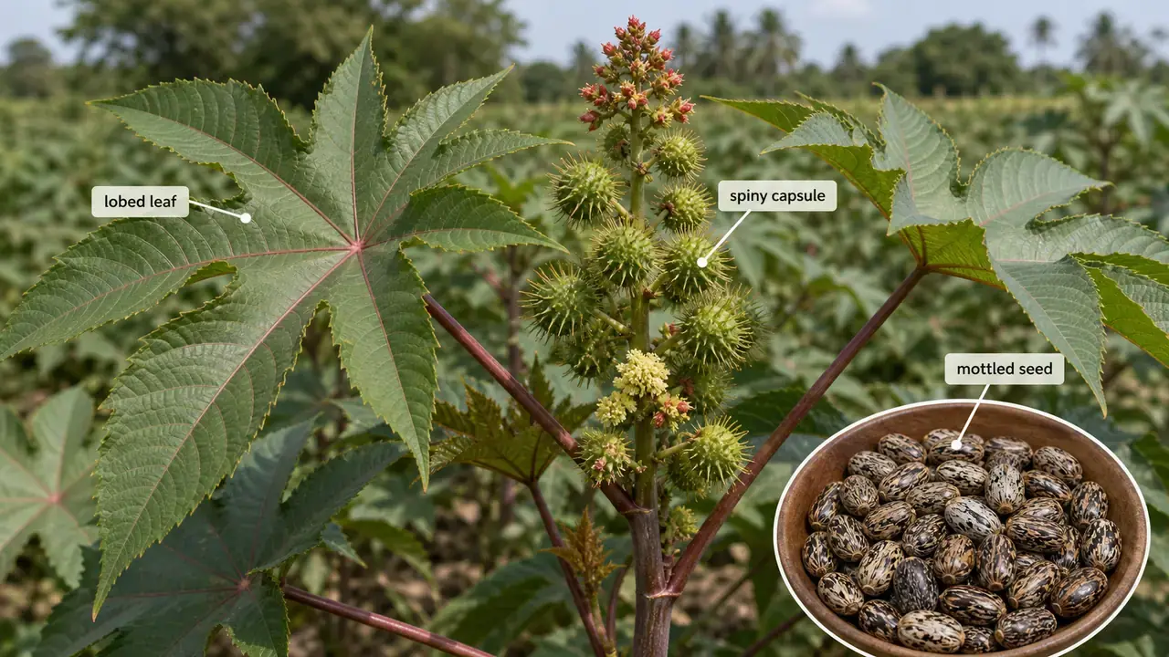 Castor plant showing lobed leaves, spiny capsules, and seeds for agronomy identification