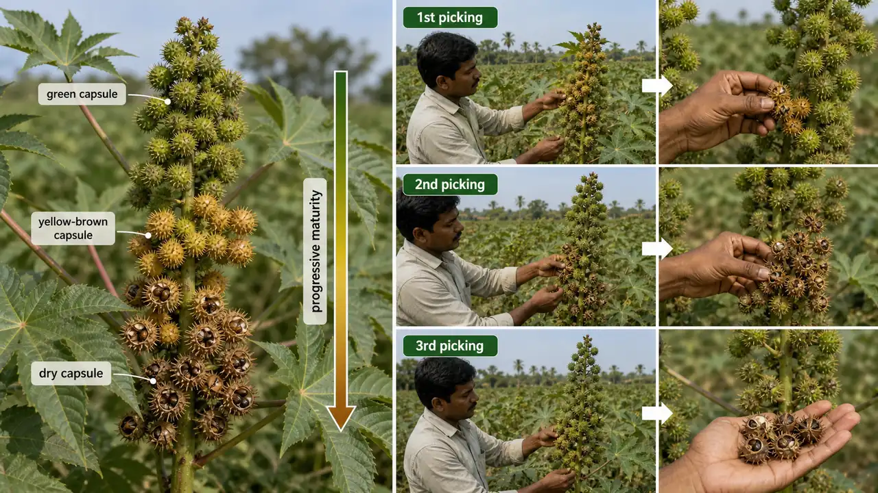Castor raceme showing progressive capsule maturity and selective harvesting in first second and third pickings